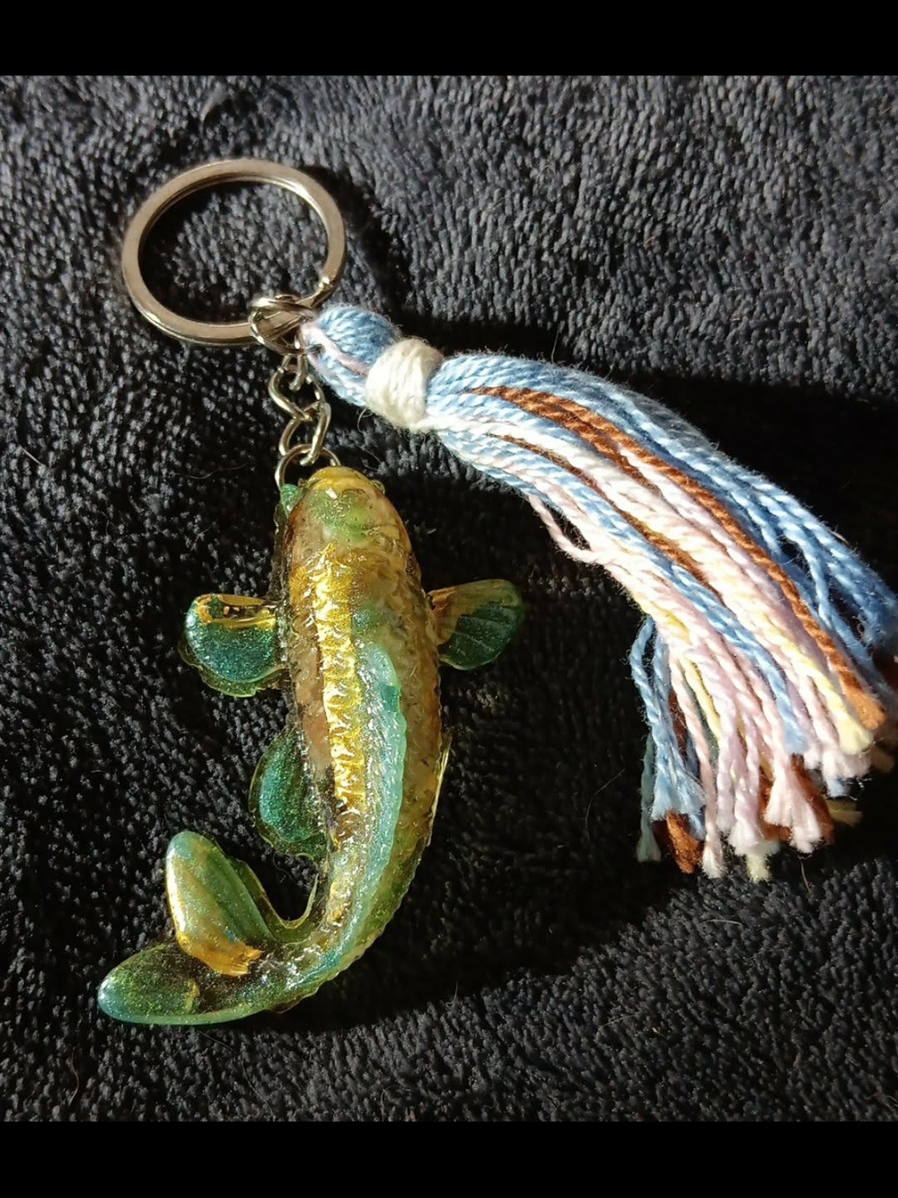 Resin Fish Keychain Blue Gold Pink Rose Quartz Chamomile Lavender Floral Tassel